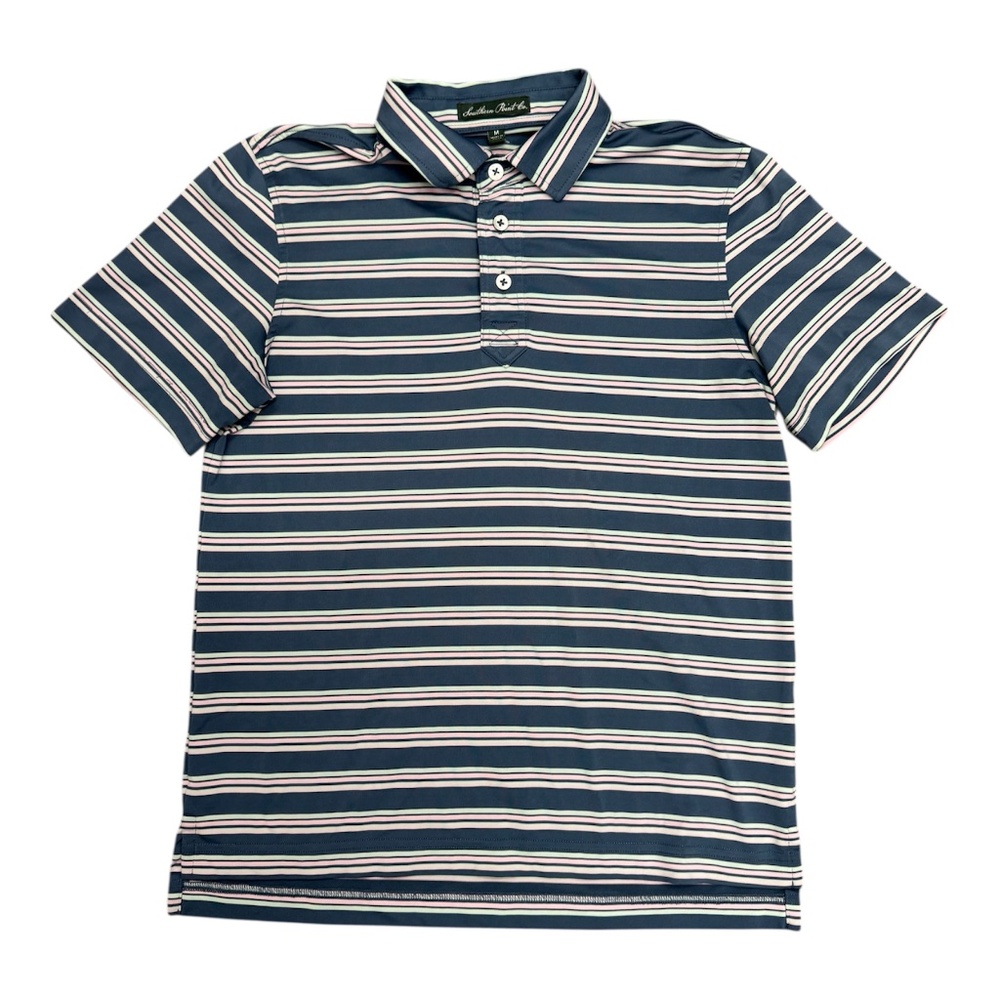 Southern Point Co Boys Performance Stripe Polo Navy/Green/Pink